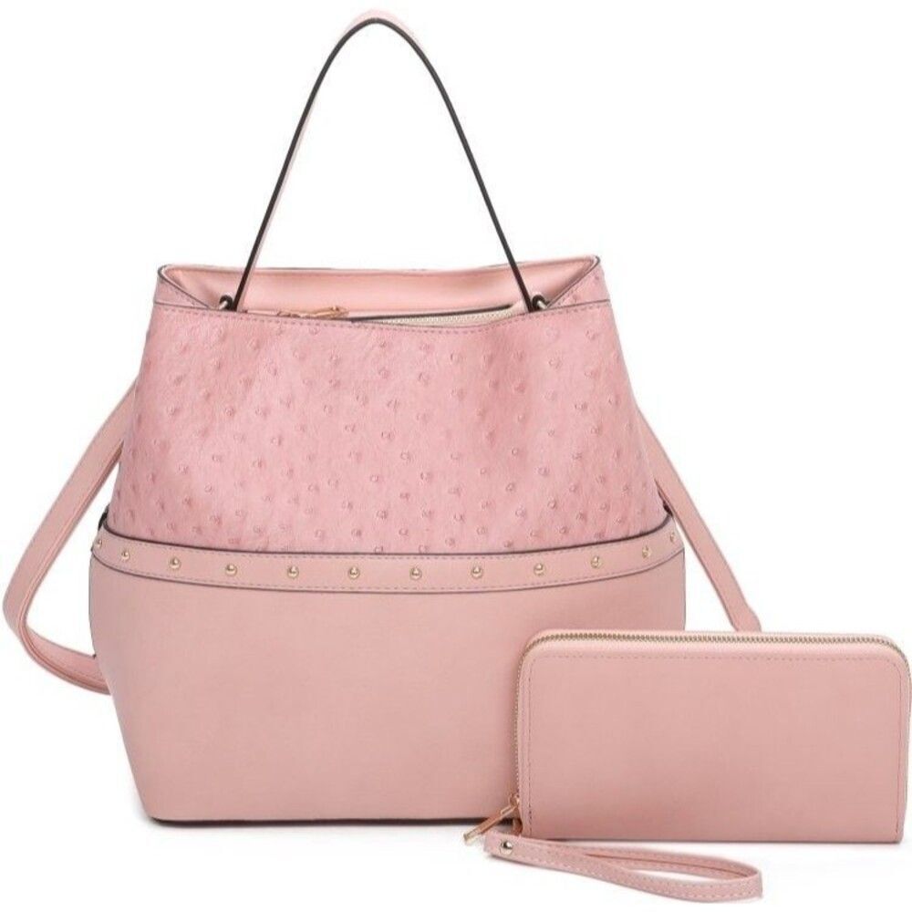 Women's Soft Pink Ostrich Bucket Bag 2-In 1 Satchel Set With Wallet